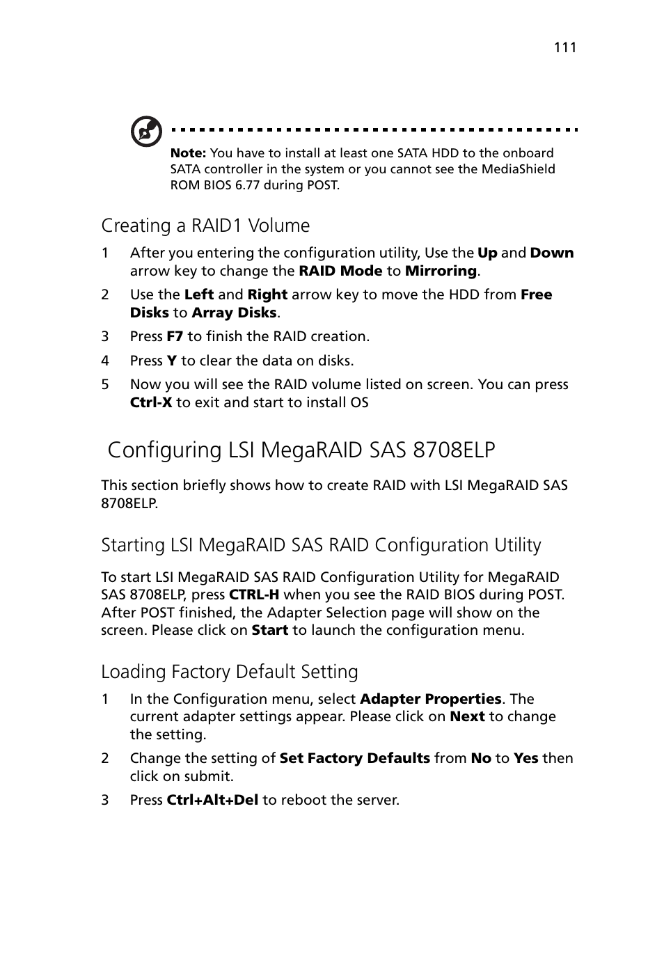 Configuring lsi megaraid sas 8708elp, Creating a raid1 volume, Loading factory default setting | Acer Altos G5450 Series User Manual | Page 129 / 150