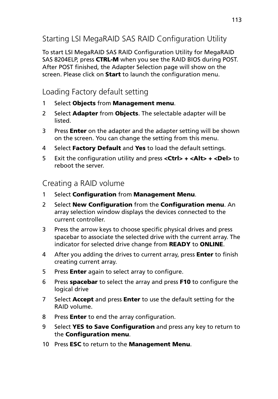 Loading factory default setting, Creating a raid volume | Acer Altos G5450 Series User Manual | Page 131 / 150