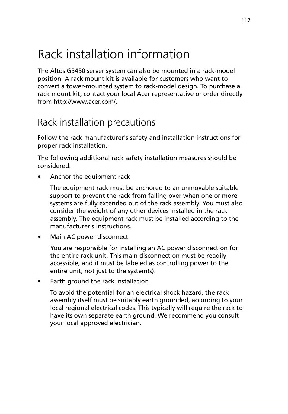 Rack installation information, Rack installation precautions | Acer Altos G5450 Series User Manual | Page 135 / 150