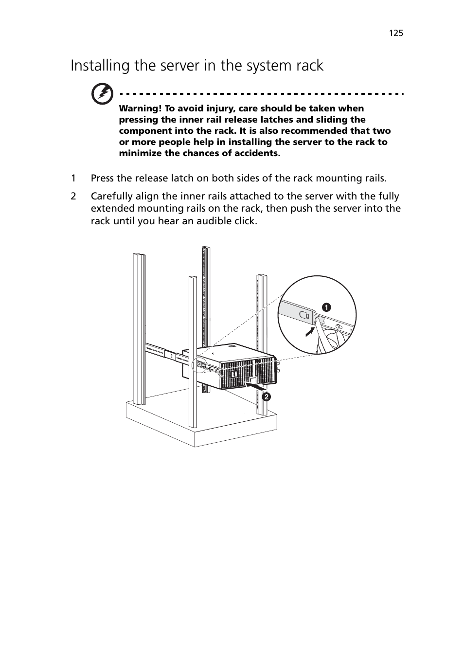 Installing the server in the system rack | Acer Altos G5450 Series User Manual | Page 143 / 150