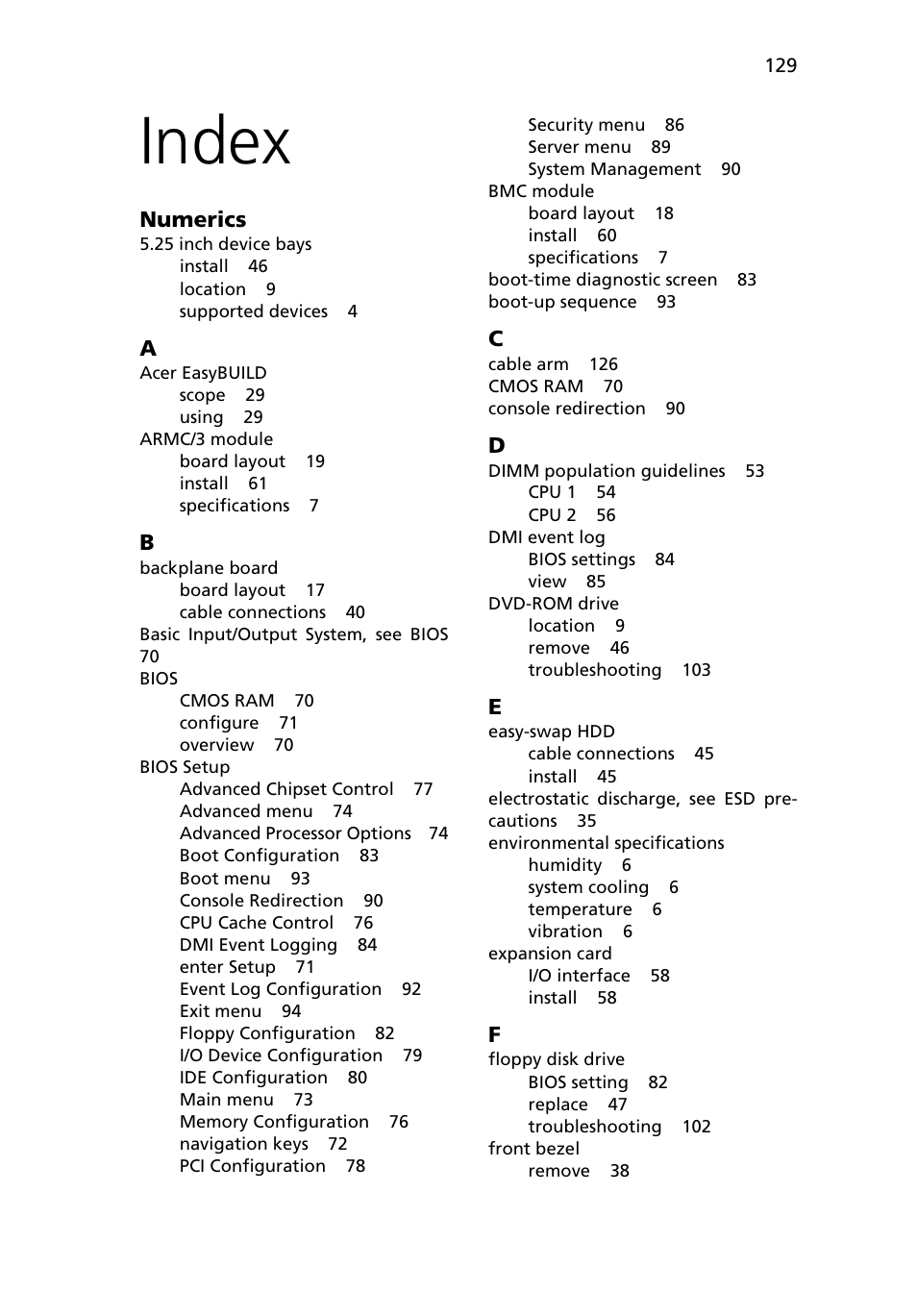 Index, Index 129 | Acer Altos G5450 Series User Manual | Page 147 / 150