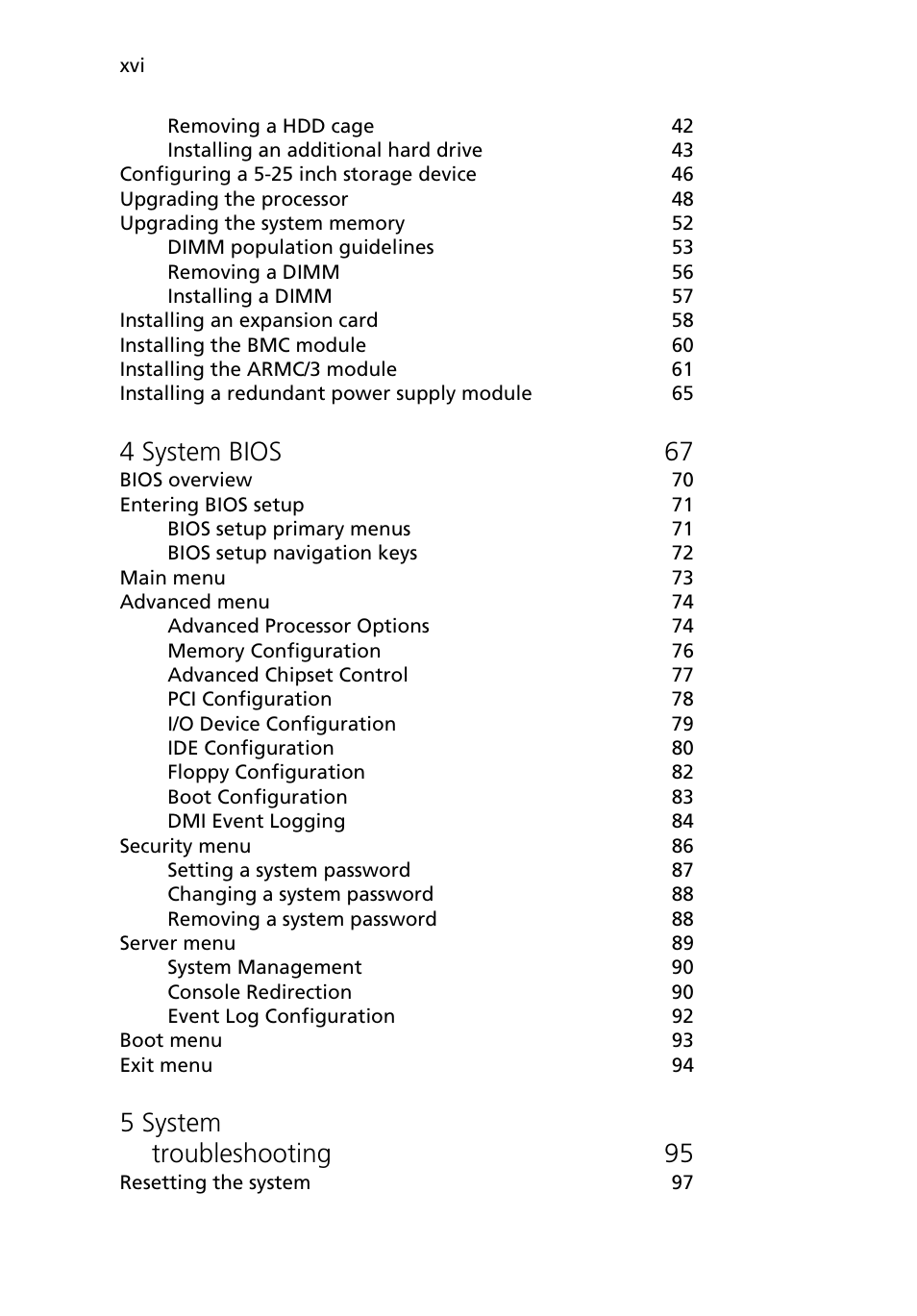 4 system bios 67, 5 system troubleshooting 95 | Acer Altos G5450 Series User Manual | Page 16 / 150