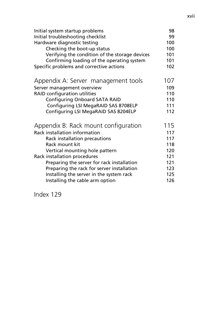 Appendix a: server management tools 107, Appendix b: rack mount configuration 115, Index 129 | Acer Altos G5450 Series User Manual | Page 17 / 150