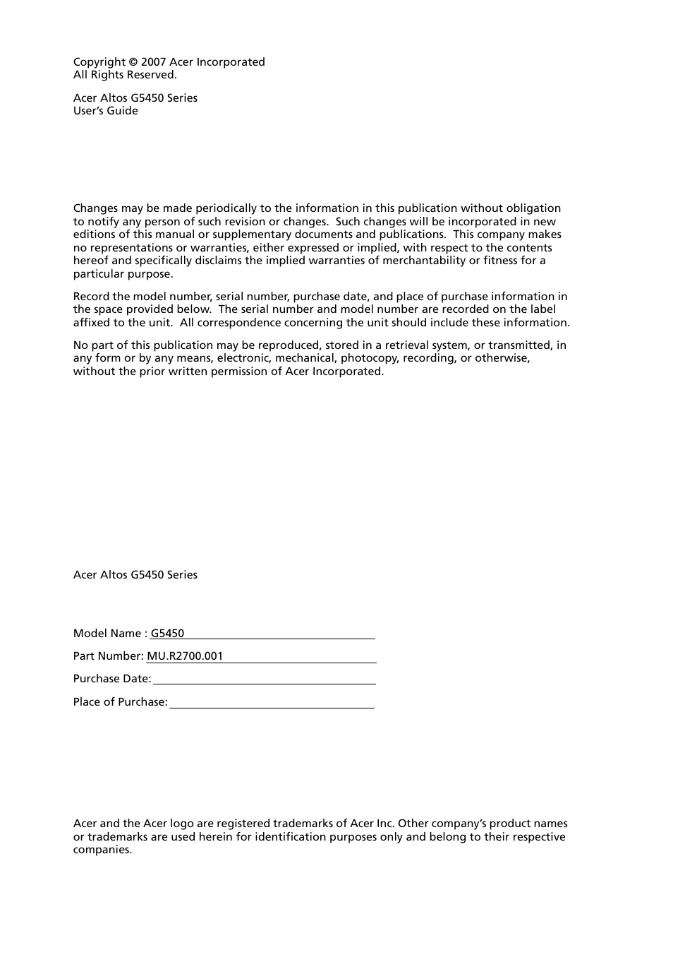 Acer Altos G5450 Series User Manual | Page 2 / 150