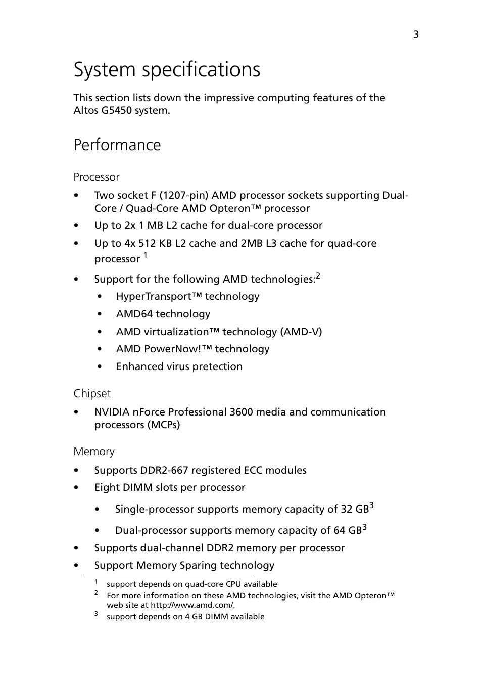 System specifications, Performance | Acer Altos G5450 Series User Manual | Page 21 / 150