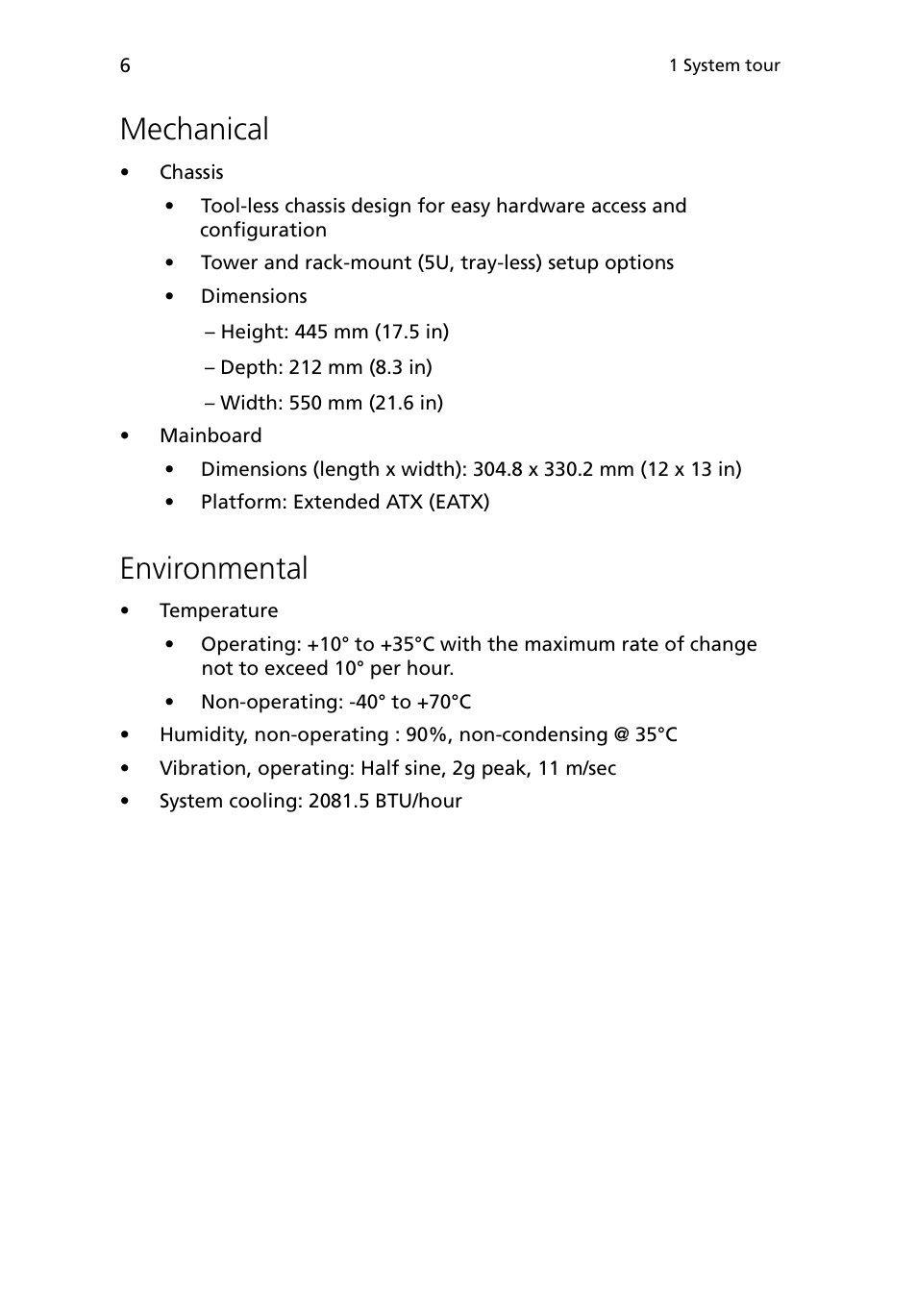 Mechanical, Environmental, Environmental 6 | Acer Altos G5450 Series User Manual | Page 24 / 150