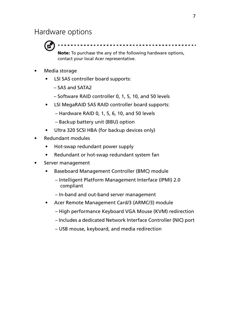 Hardware options | Acer Altos G5450 Series User Manual | Page 25 / 150