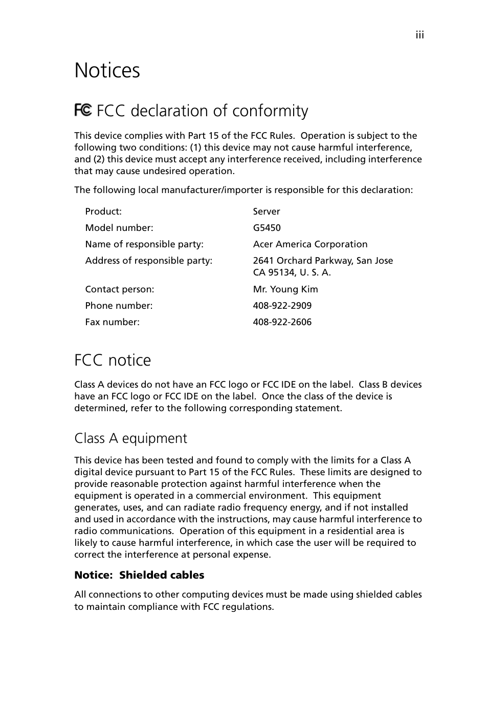 Notices, Fcc declaration of conformity, Fcc notice | Class a equipment | Acer Altos G5450 Series User Manual | Page 3 / 150