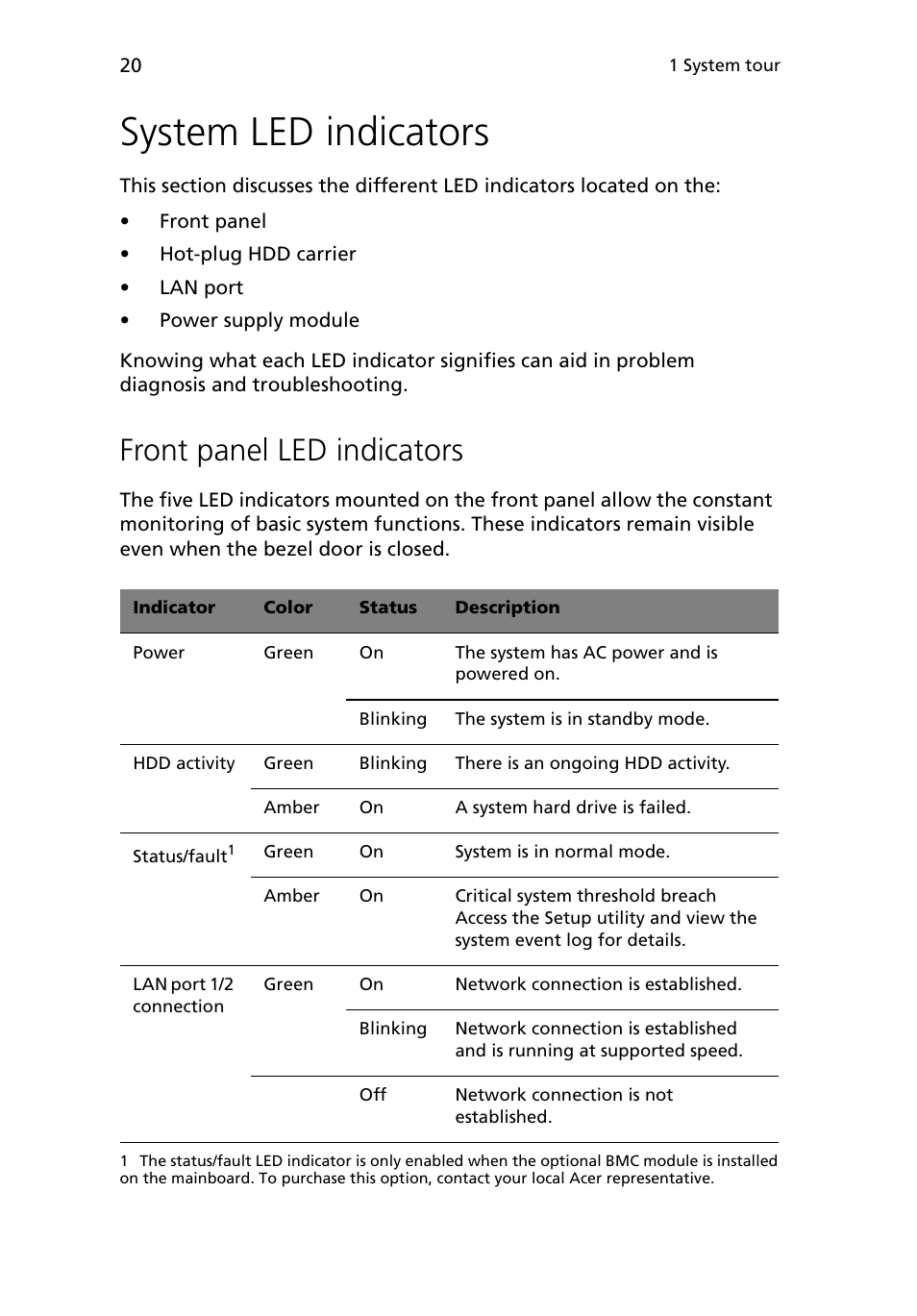 System led indicators, Front panel led indicators | Acer Altos G5450 Series User Manual | Page 38 / 150