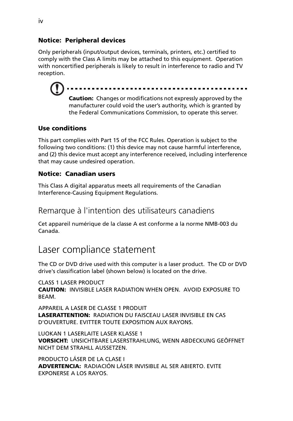 Laser compliance statement, Remarque à l'intention des utilisateurs canadiens | Acer Altos G5450 Series User Manual | Page 4 / 150