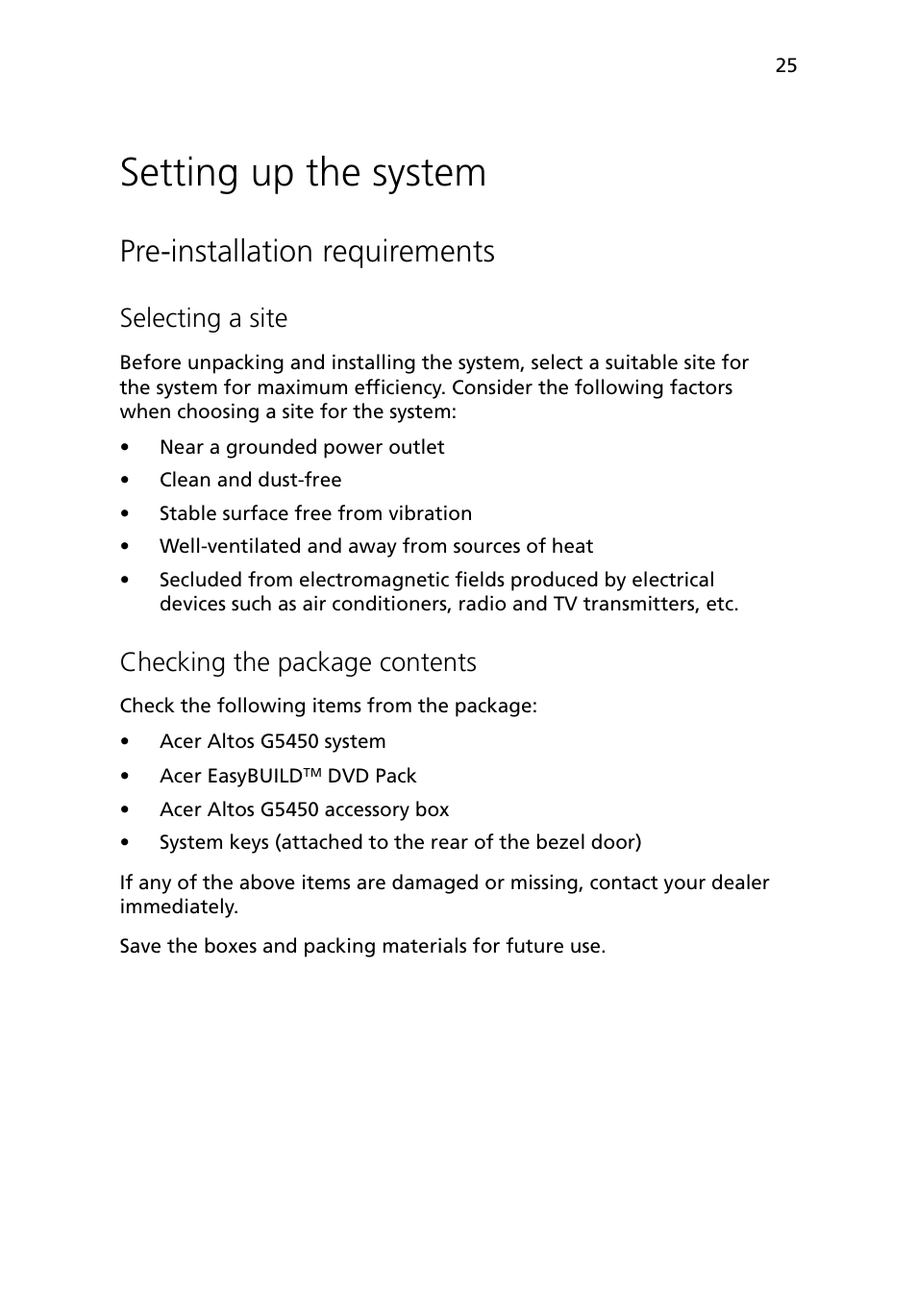 Setting up the system, Pre-installation requirements, Selecting a site | Checking the package contents | Acer Altos G5450 Series User Manual | Page 43 / 150