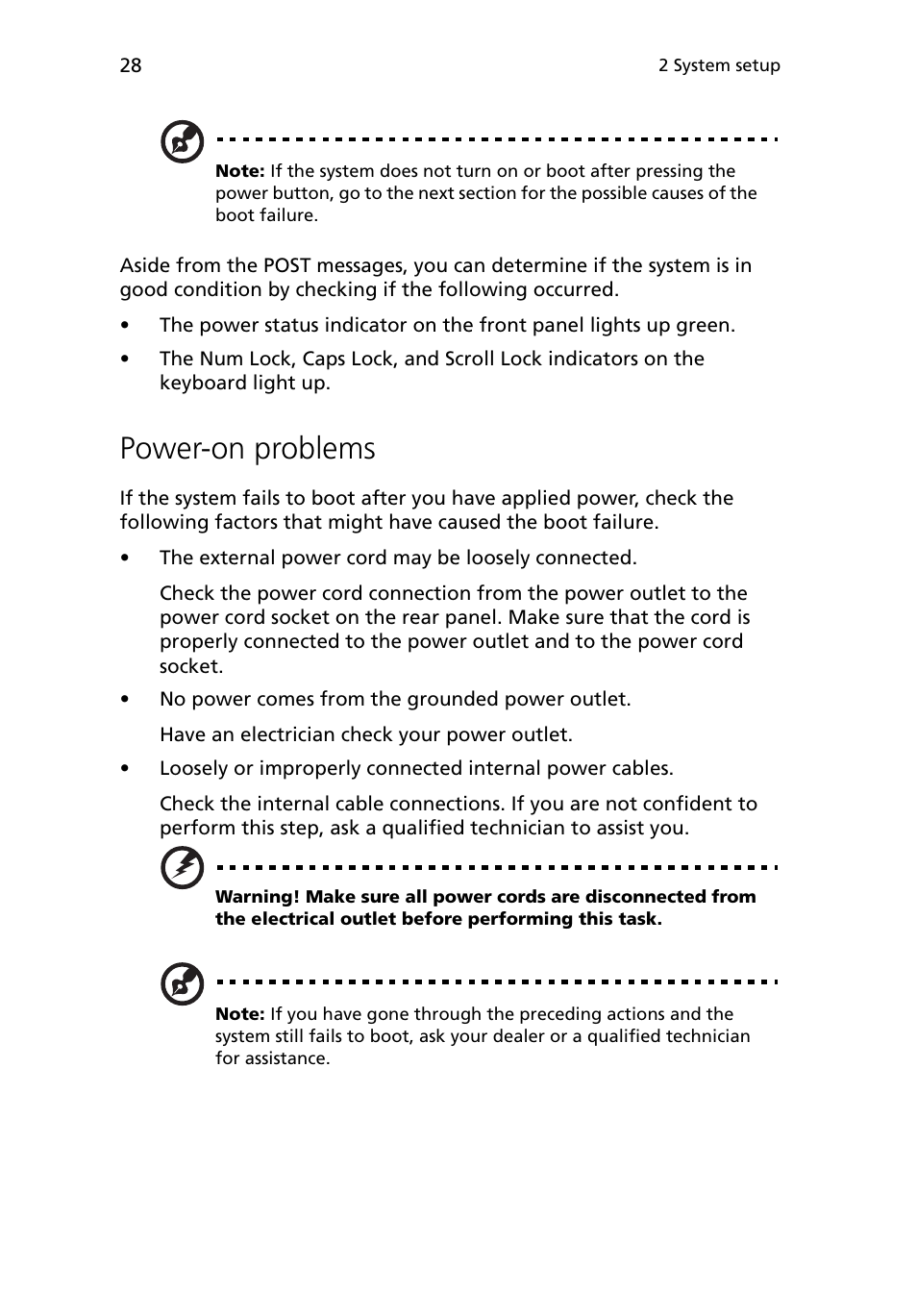 Power-on problems | Acer Altos G5450 Series User Manual | Page 46 / 150