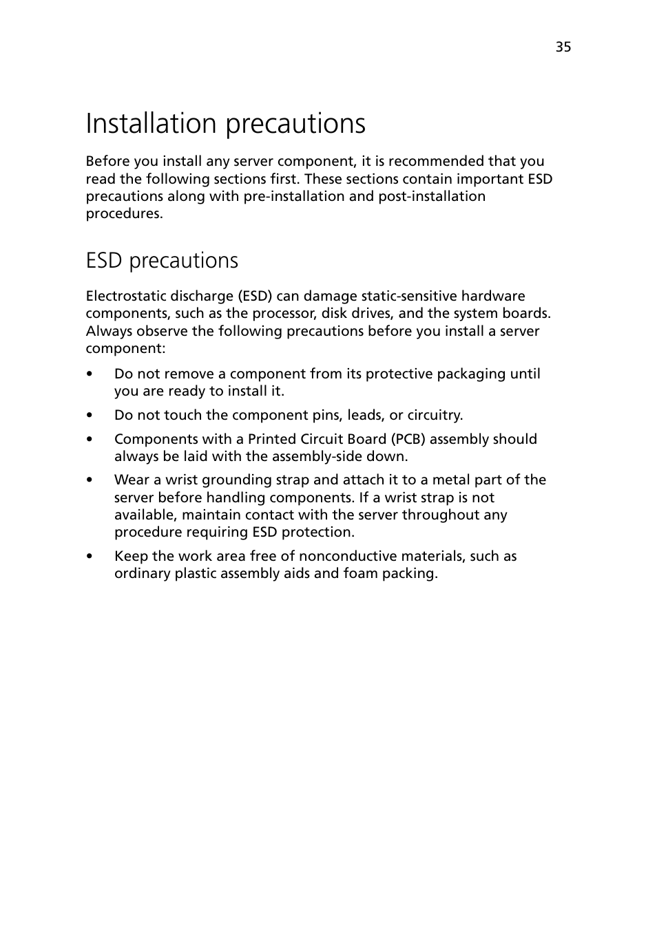 Installation precautions, Esd precautions | Acer Altos G5450 Series User Manual | Page 53 / 150