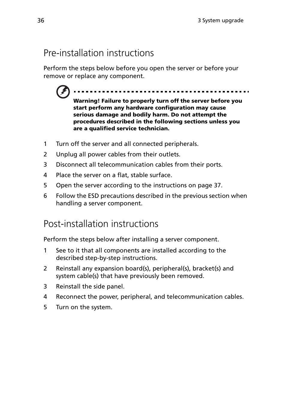 Pre-installation instructions, Post-installation instructions | Acer Altos G5450 Series User Manual | Page 54 / 150