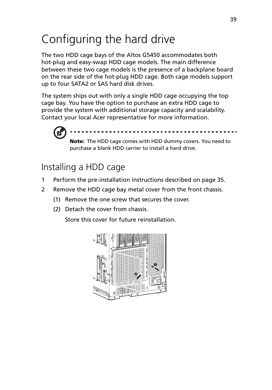 Configuring the hard drive, Installing a hdd cage | Acer Altos G5450 Series User Manual | Page 57 / 150