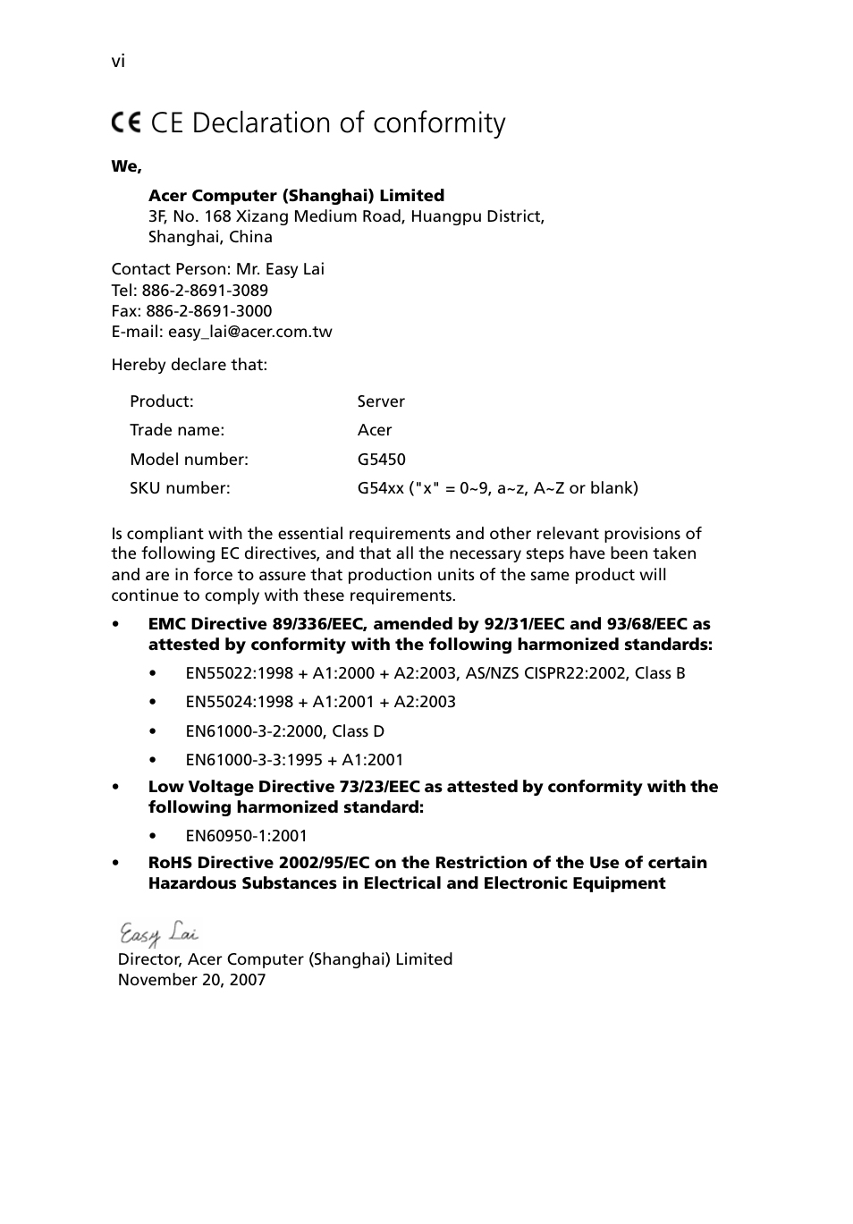 Ce declaration of conformity | Acer Altos G5450 Series User Manual | Page 6 / 150
