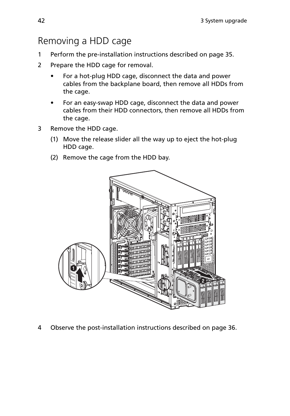 Removing a hdd cage | Acer Altos G5450 Series User Manual | Page 60 / 150