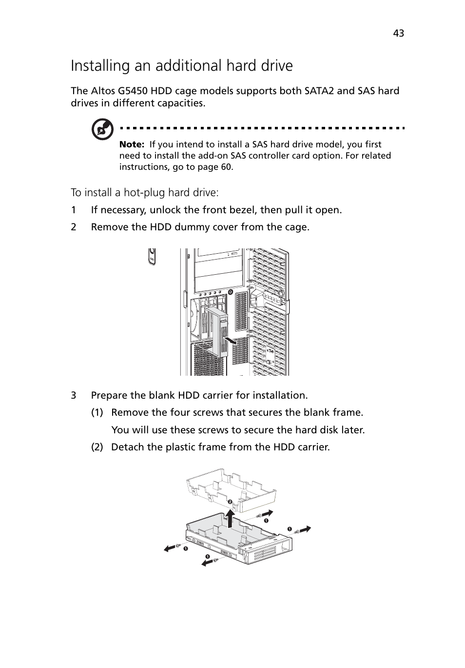 Installing an additional hard drive | Acer Altos G5450 Series User Manual | Page 61 / 150