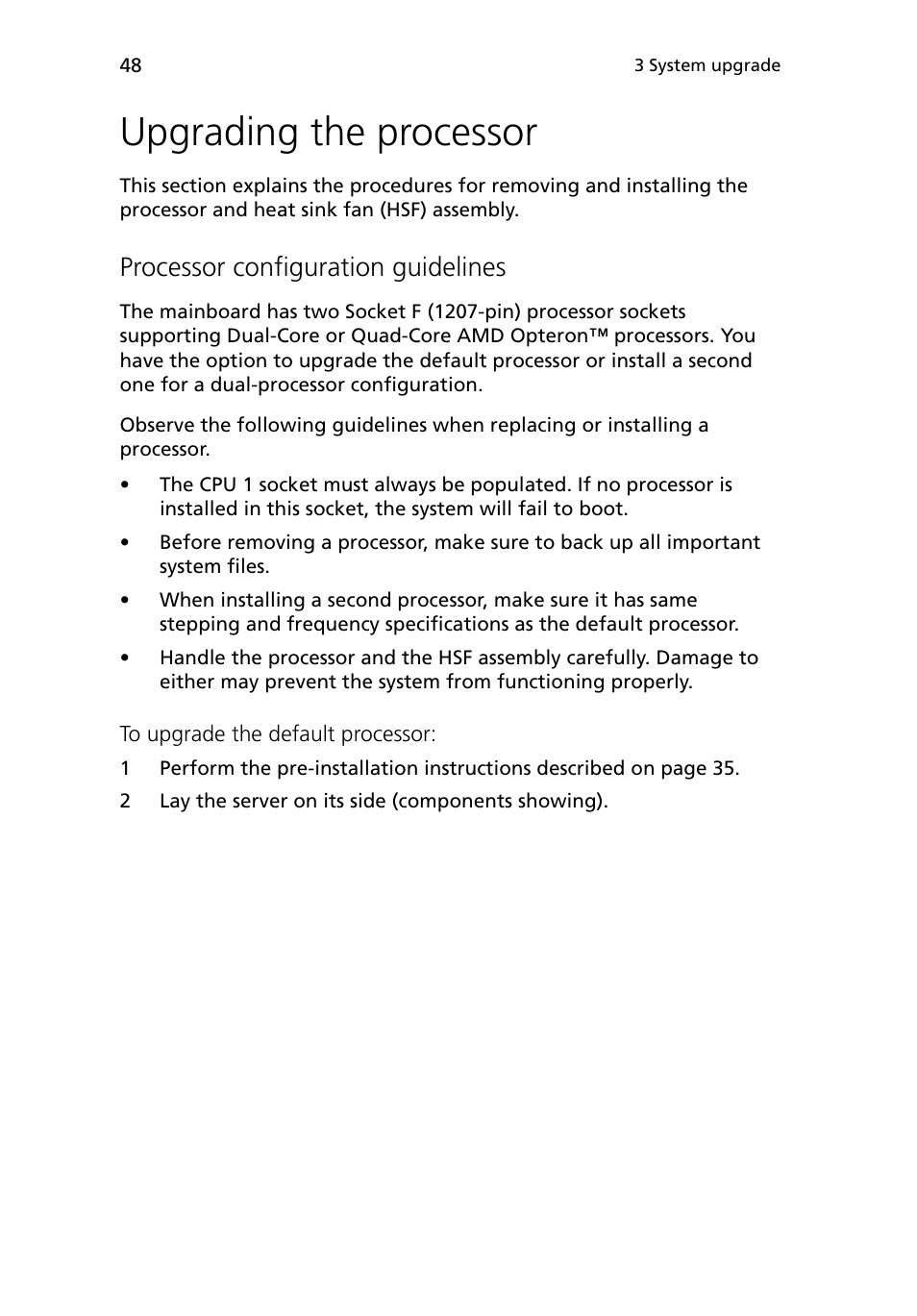 Upgrading the processor, Processor configuration guidelines | Acer Altos G5450 Series User Manual | Page 66 / 150