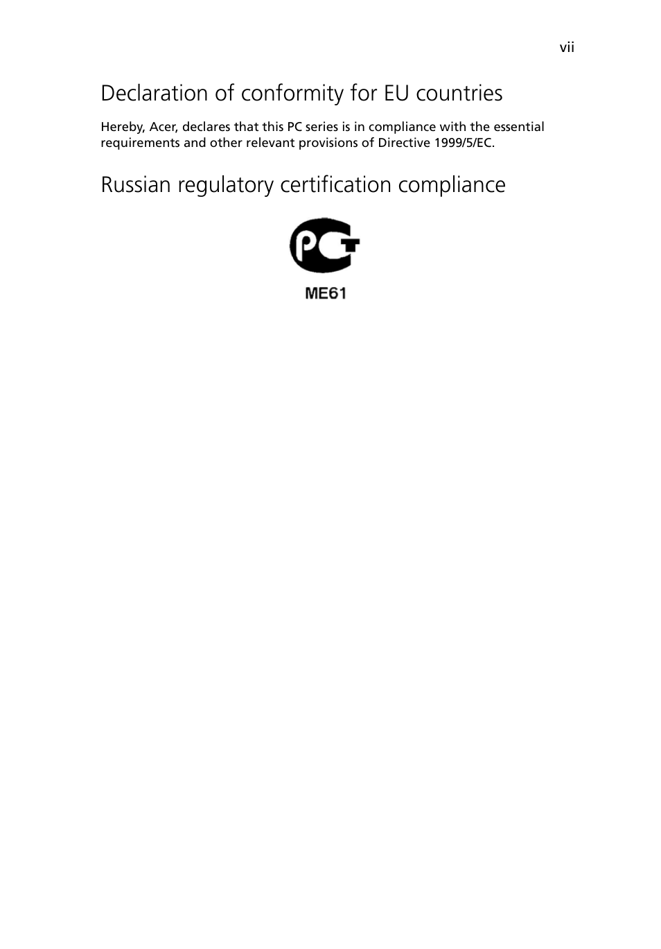 Declaration of conformity for eu countries, Russian regulatory certification compliance | Acer Altos G5450 Series User Manual | Page 7 / 150
