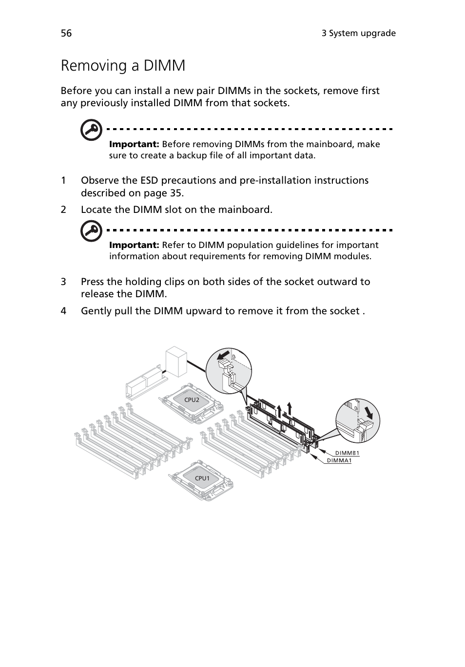 Removing a dimm | Acer Altos G5450 Series User Manual | Page 74 / 150