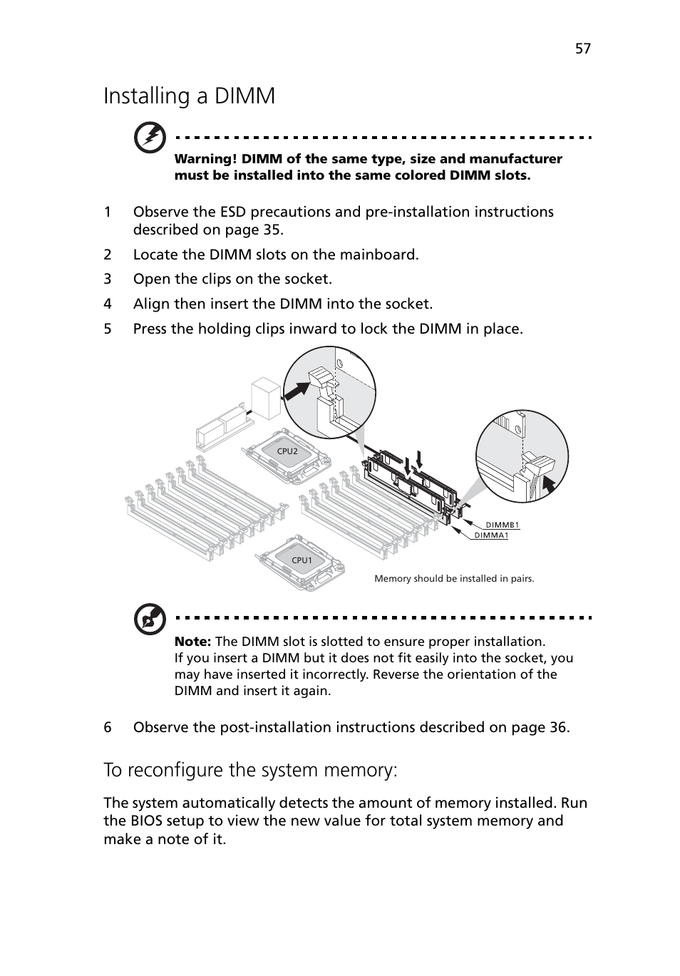 Installing a dimm | Acer Altos G5450 Series User Manual | Page 75 / 150