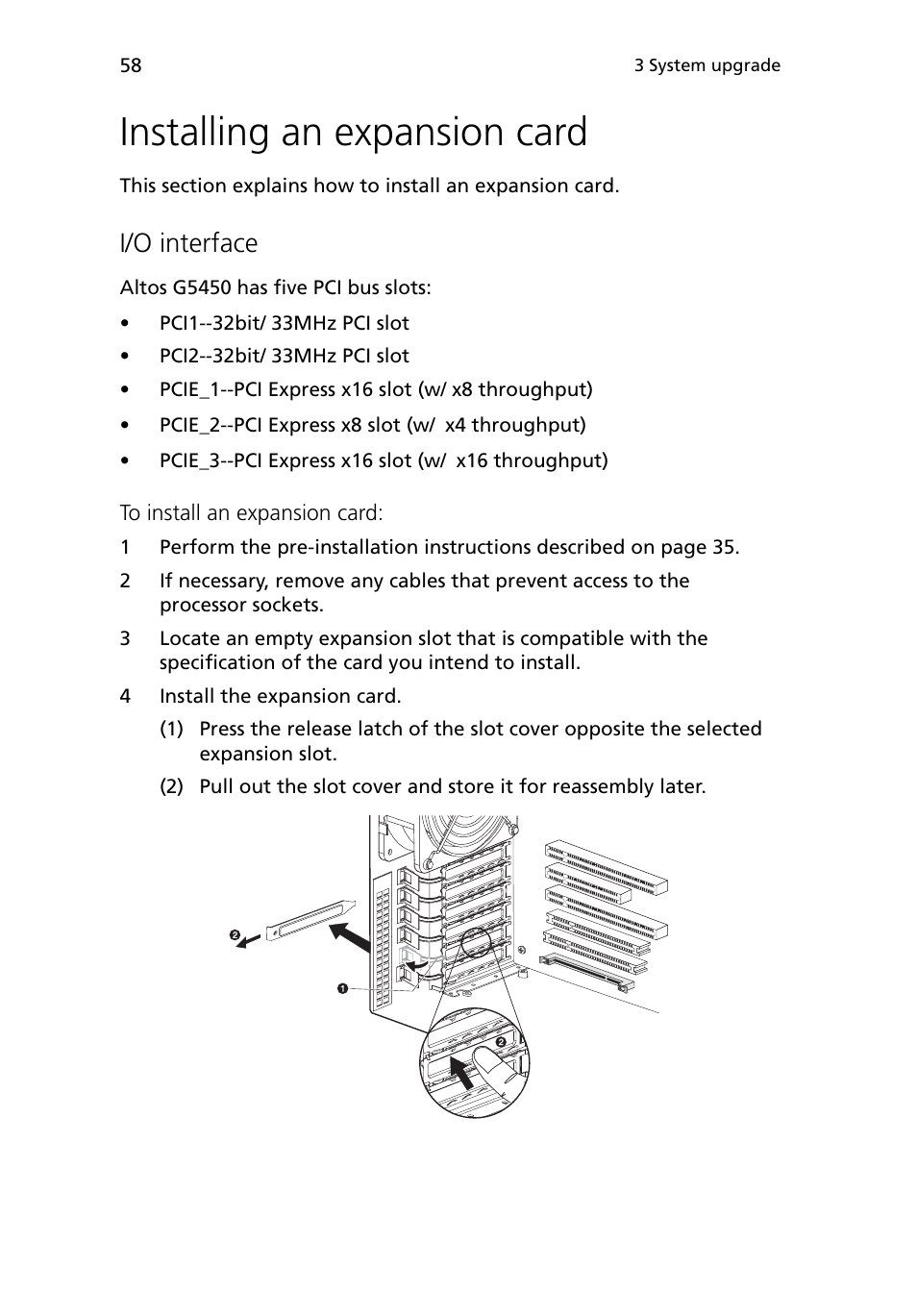 Installing an expansion card, I/o interface | Acer Altos G5450 Series User Manual | Page 76 / 150