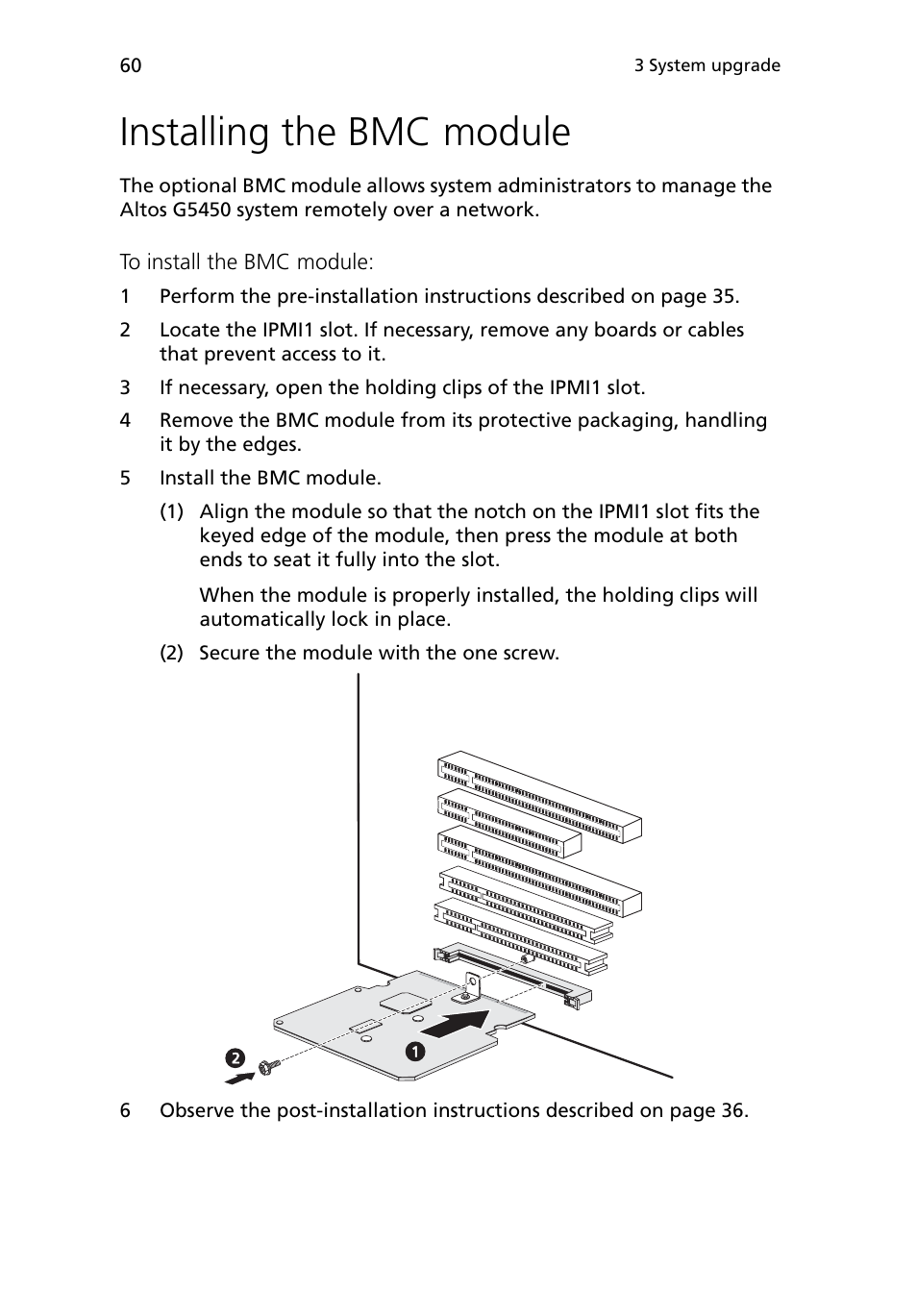 Installing the bmc module | Acer Altos G5450 Series User Manual | Page 78 / 150