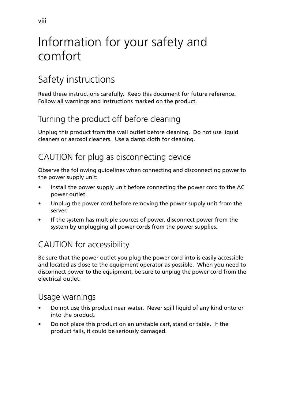 Information for your safety and comfort, Safety instructions, Turning the product off before cleaning | Caution for plug as disconnecting device, Caution for accessibility, Usage warnings | Acer Altos G5450 Series User Manual | Page 8 / 150