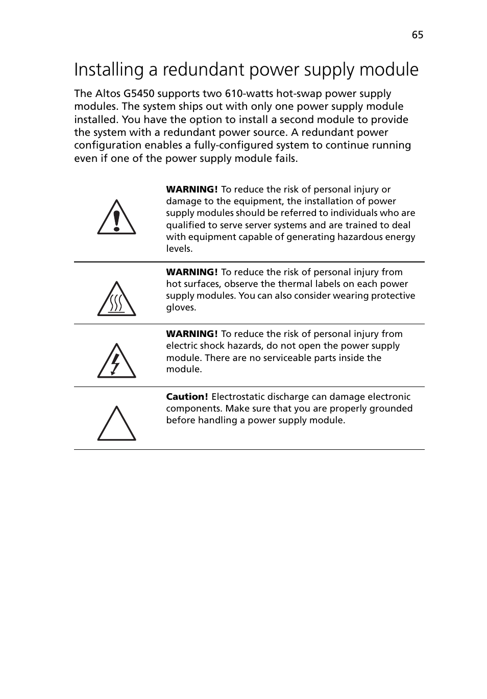 Installing a redundant power supply module | Acer Altos G5450 Series User Manual | Page 83 / 150