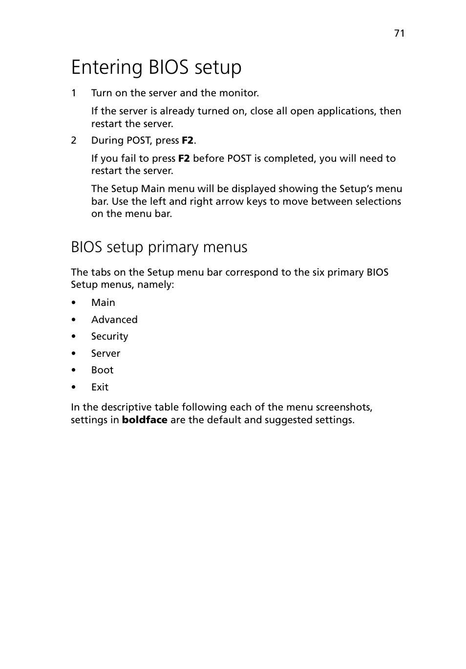 Entering bios setup, Bios setup primary menus | Acer Altos G5450 Series User Manual | Page 89 / 150