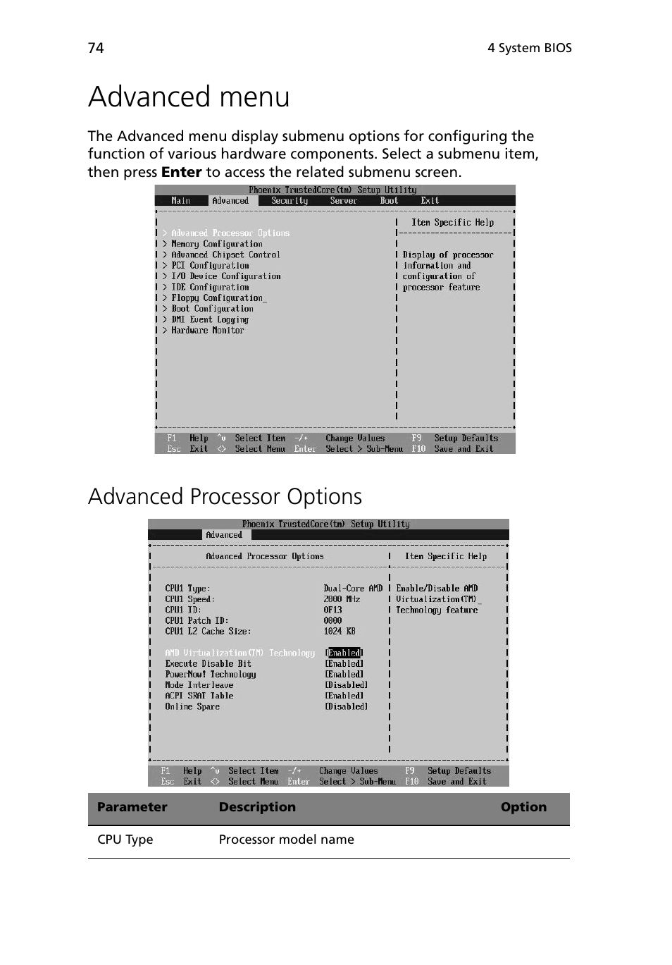 Advanced menu, Advanced processor options | Acer Altos G5450 Series User Manual | Page 92 / 150