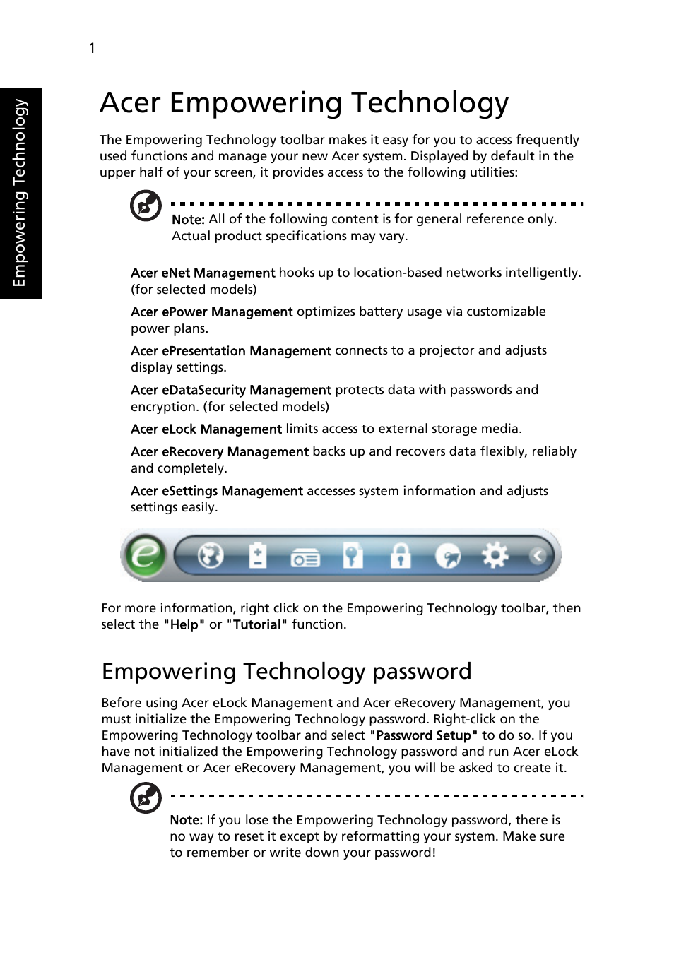 Acer empowering technology, Empowering technology password | Acer 5720 User Manual | Page 18 / 96