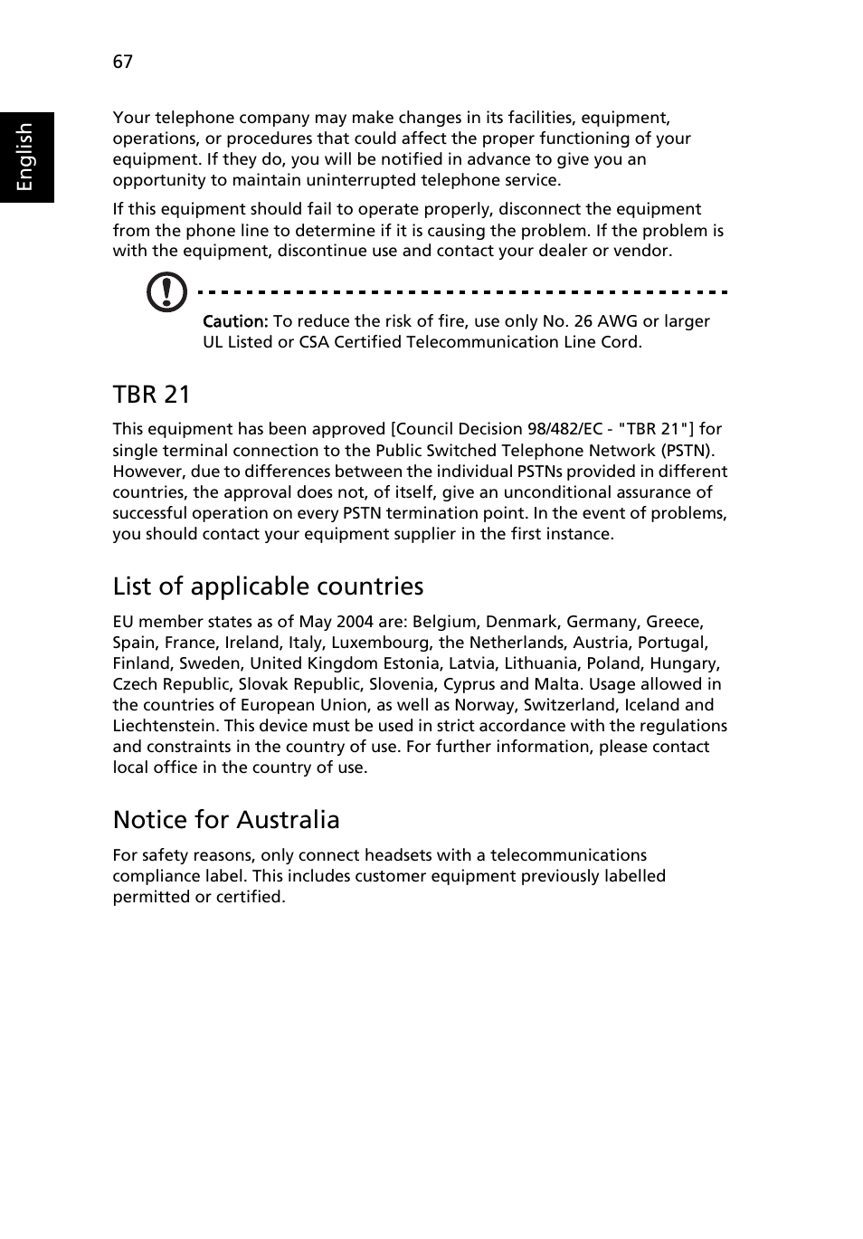 Tbr 21, List of applicable countries, Notice for australia | Acer 5720 User Manual | Page 84 / 96
