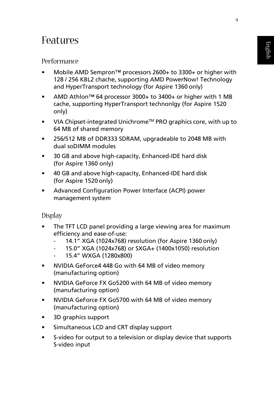 Features, Performance, Display | Acer 1350 User Manual | Page 19 / 104