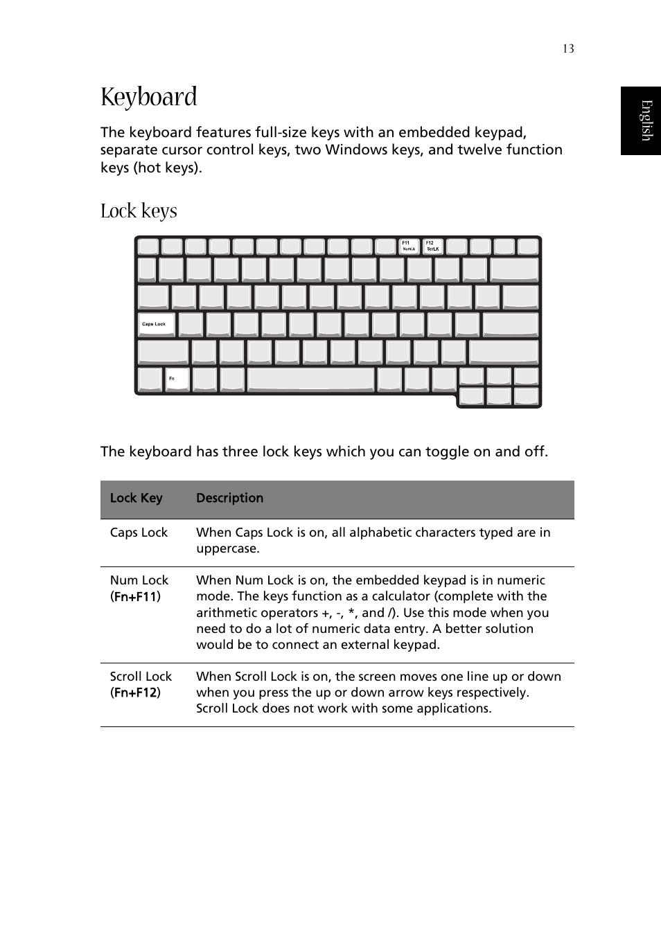 Keyboard, Lock keys | Acer 1350 User Manual | Page 23 / 104