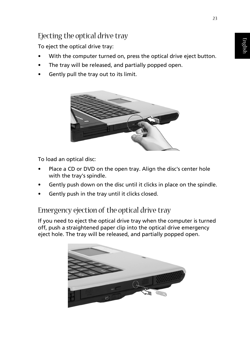 Ejecting the optical drive tray, Emergency ejection of the optical drive tray | Acer 1350 User Manual | Page 33 / 104