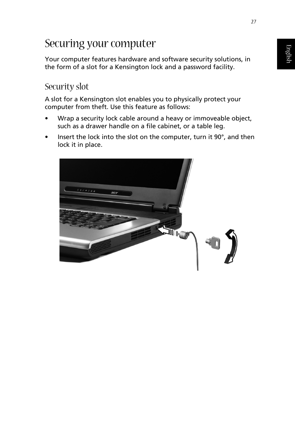 Securing your computer, Security slot | Acer 1350 User Manual | Page 37 / 104