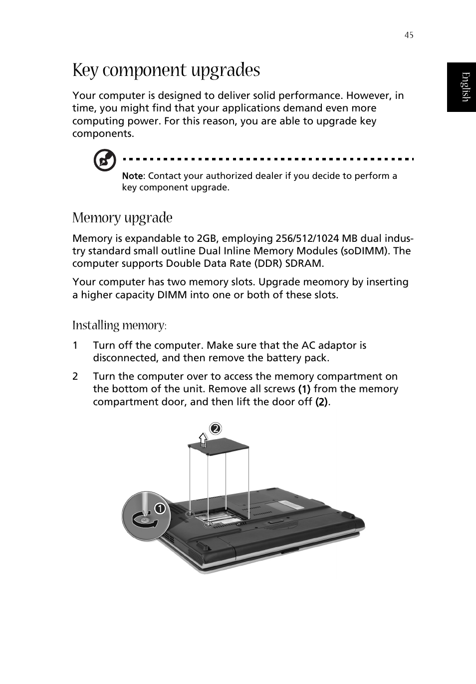 Key component upgrades, Memory upgrade | Acer 1350 User Manual | Page 55 / 104