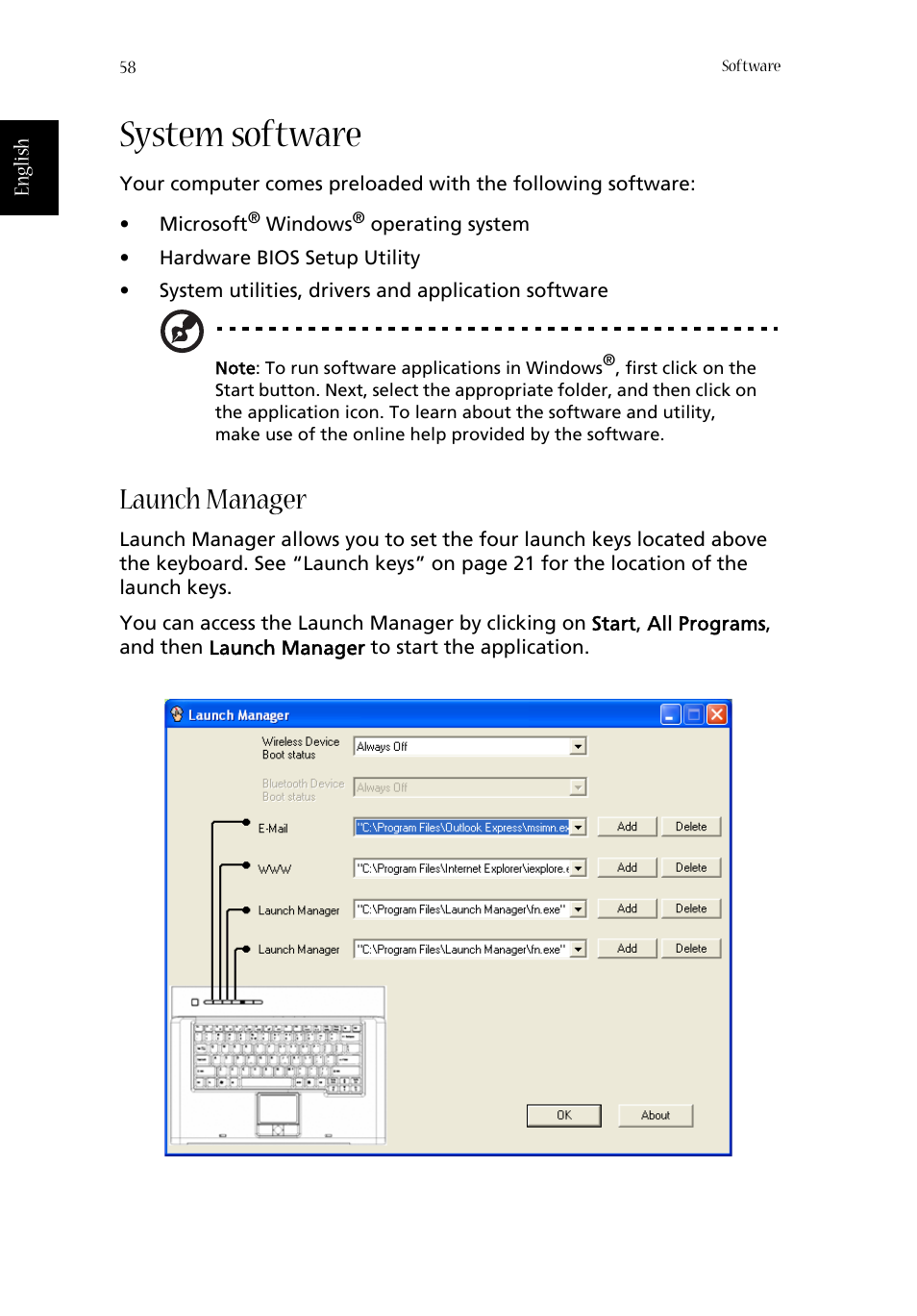 System software, Launch manager | Acer 1350 User Manual | Page 68 / 104