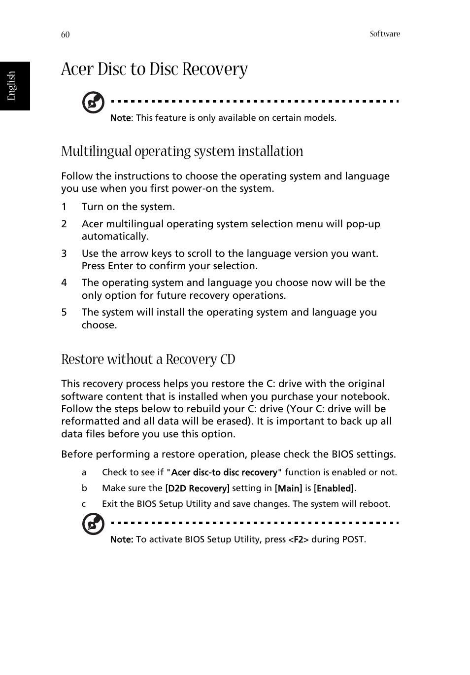 Acer disc to disc recovery, Multilingual operating system installation, Restore without a recovery cd | Acer 1350 User Manual | Page 70 / 104