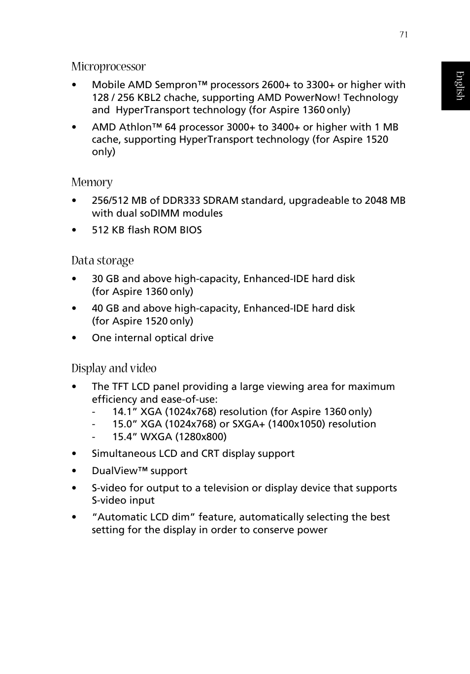 Microprocessor, Data storage, Display and video | Acer 1350 User Manual | Page 81 / 104