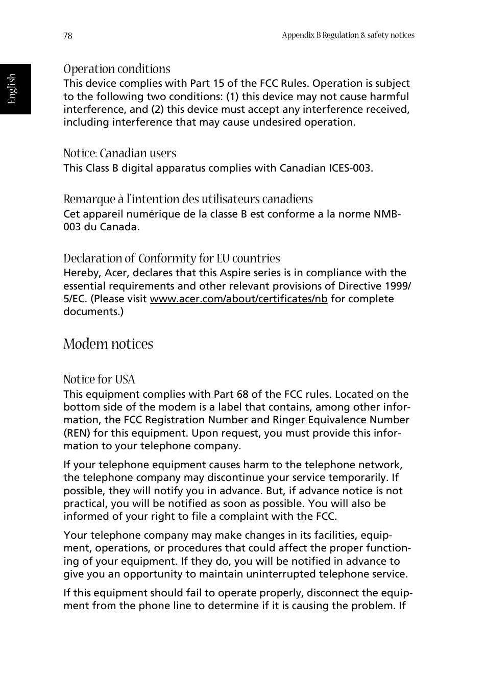 Modem notices, Operation conditions, Notice: canadian users | Remarque à l’intention des utilisateurs canadiens, Declaration of conformity for eu countries, Notice for usa | Acer 1350 User Manual | Page 88 / 104