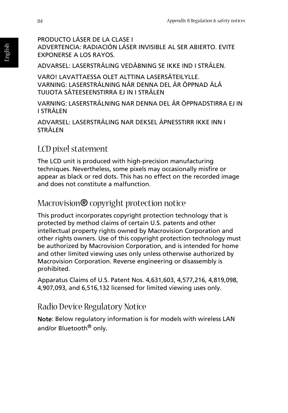 Lcd pixel statement, Macrovision ® copyright protection notice, Radio device regulatory notice | Acer 1350 User Manual | Page 94 / 104