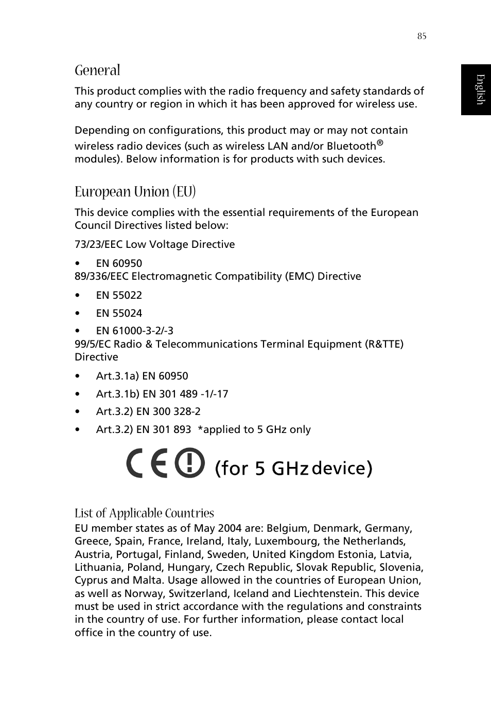 General, European union (eu), List of applicable countries | Acer 1350 User Manual | Page 95 / 104