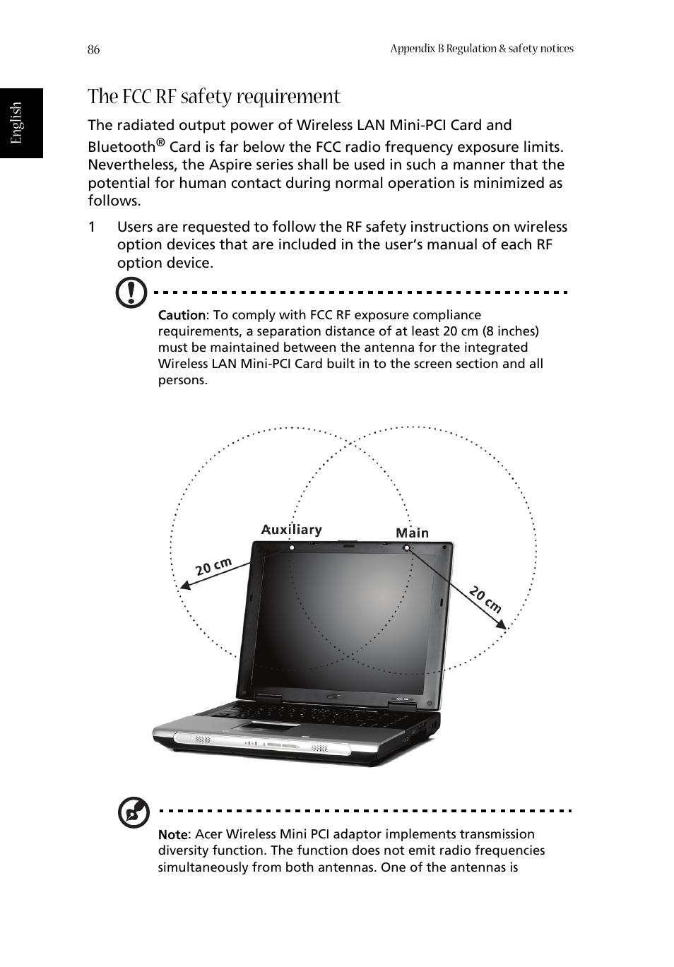 The fcc rf safety requirement | Acer 1350 User Manual | Page 96 / 104