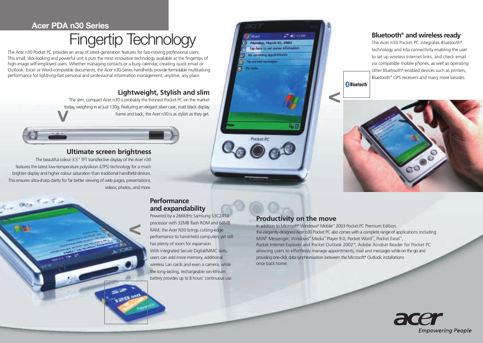 Fingertip technology, Acer pda n30 series | Acer n30 User Manual | Page 2 / 2