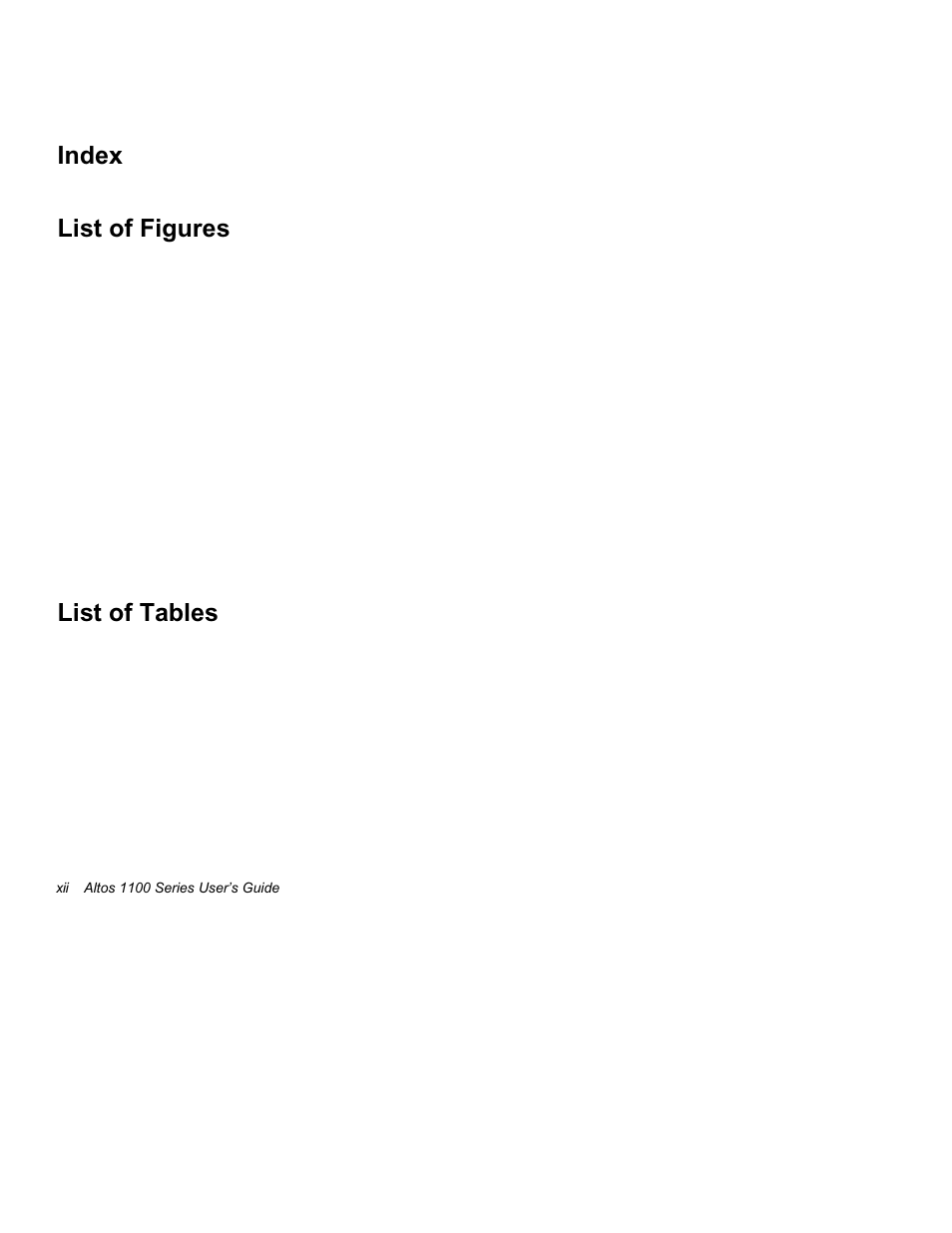 Index list of figures, List of tables | Acer Altos 1100 Series User Manual | Page 12 / 114