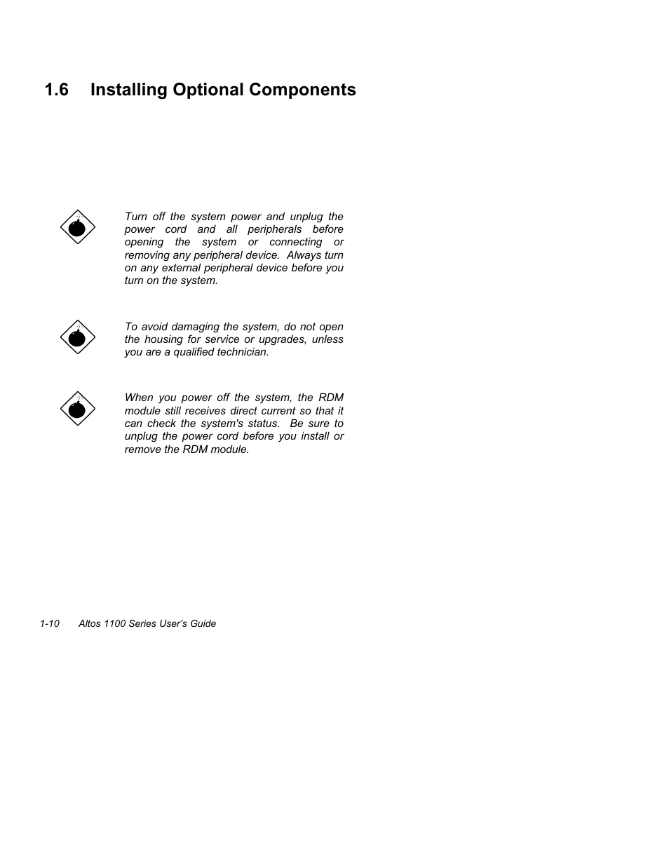 6 installing optional components -10, 6 installing optional components | Acer Altos 1100 Series User Manual | Page 24 / 114