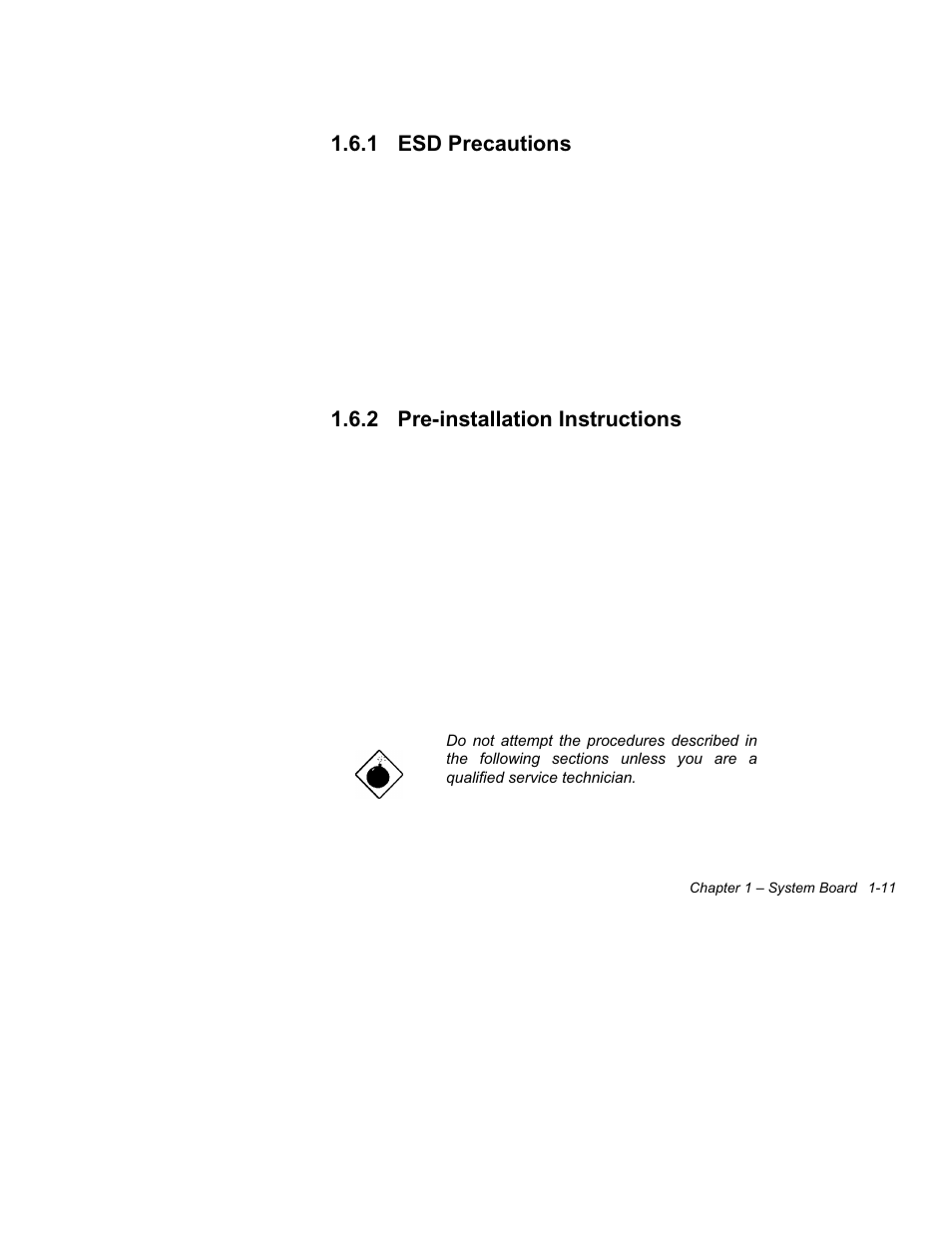 1 esd precautions -11, 2 pre-installation instructions -11, 1 esd precautions | 2 pre-installation instructions | Acer Altos 1100 Series User Manual | Page 25 / 114